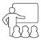 Lecturer blackboard with students thin line icon. Lecture or training lesson symbol, outline style pictogram on white