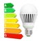 LED Bulb near Energy Efficiency Rating Chart. 3d Rendering