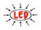 LED Light-Emitting Diode - semiconductor light source that emits light when current flows through it, acronym text with arrows