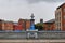 Leeds bridge crossing the river aire with calls landing