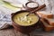 Leek cream soup in bowl close-up on the table. Horizontal