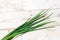 Leek, large bunch of green onions on board, food, Close up chopped fresh spring onion on rustic wood table in top view flat lay