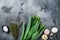 Leek stalks with herbs ingredients for coocing Braised Leeks, on grey textured background top view with space for text