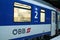 Leeping Car of the Austrian Railways with their logo OBB on an overnight train ready for departure to Vienna in Paris Est