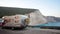 Lefkada, Greece, 16 July 2018, A camper parked to enjoy the view from above of the beach and the sea of Porto Katsiki