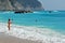Lefkada, Greece July 16 2018, A tourist relaxes on the beach and the sea of Porto Katsiki