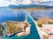 Lefkada Harbour main canal and floating rotating bridge brids eye view