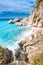 Lefkada Island cliffs with rough sea and clear blue waves