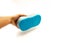 Left Asian man hand holding microfiber sponge with bug mesh car cleaning foam easy grip comfortable to use washing tool 