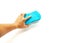 Left Asian man hand holding microfiber sponge with bug mesh car cleaning foam easy grip comfortable to use washing tool 