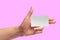 Left Female Hand Hold Blank White Card Mock-up. SIM Cellular