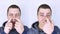 Before and after. On the left, the man indicates nose pain, and on the right, indicates that nose no longer hurts. Professional me