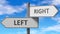 Left and right as a choice - pictured as words Left, right on road signs to show that when a person makes decision he can choose