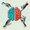 Left and right brain and hads group in retro collage vector design