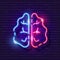 Left and right hemispheres brain neon sign. Creative and logical brain hemisphere glowing icon. Vector illustration for design.