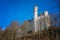 Left side beautiful view, detailed, towers of world-famous Neuschwanstein Castle in Fussen, southwest Bavaria, Germany