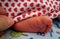 Left toe of  newborn covered with care a blanket with red hearts on it