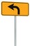 Left turn ahead route road sign perspective, yellow isolated roadside traffic signage, this way only direction pointer black frame