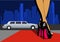 leg with city. Female legs in high heels walk on the red carpet. Vector illustration