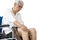 Leg of senior woman having pain in her knee joints,bone pain,hurt when bending the knee,holding knee cap with hands,facial