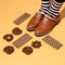 Leg in vintage striped socks and shoes in stylish isometric sweet cookies space. Minimal still life fashion food art. Chocolate