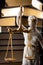 Legal code, enforcement of the law and blind Iustitia concept with statue of the blindfolded lady justice in Greek and