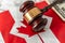 Legal finance Canada flag with gavel on dollar banknotes background