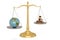 Legal hammer and globe on libra over white background. 3D illustration