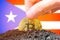 Legalization of bitcoin in Puerto Rico. Planting bitcoin in the ground on the background of the flag of Puerto Rico