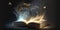 Legendary magic book or bible opening with fairy flying particles
