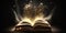 Legendary magic book or bible opening with fairy flying particles