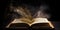 Legendary magic book or bible opening with fairy flying particles