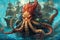 Legendary octopus pirate captain, with its tentacles adorned in intricate tattoos, commands a crew of loyal marine illustration