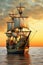 Legends of the Sea. A sailing ship in the open sea at sunset.