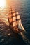 Legends of the Sea. A sailing ship in the open sea at sunset.