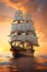 Legends of the Sea. A sailing ship in the open sea at sunset.