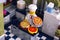 Lego chef cooking three pizza in the kitchen