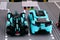 Lego Jaguar I-PACE eTROPHY and Formula E Panasonic Jaguar Racing Gen2 race cars by LEGO Speed Champions on start line