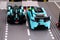 Lego Jaguar I-PACE eTROPHY and Formula E Panasonic Jaguar Racing Gen2 race cars by LEGO Speed Champions start race