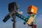 Lego Minecraft large action figure of Alex with diamond sword fighitng with skeleton in helmet.