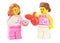 Lego minifigure women pink with food isolated on white