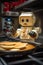 A lego robot making pancakes in a kitchen. Generative AI image.