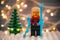 Lego skier minifigure with skis against Christmas tree and christmas light background