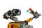 LEGO Wall-E robot holding small LEGO Minecraft Alex figure with diamond pickaxe, balancing on one leg on his left arm.