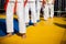 Legs of athletes in white kimono and red belts