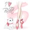 Legs of ballerina girl in pointe shoes with cute cat on background with an inscription I love ballet.