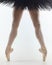 The legs of a ballerina standing on the tips of her fingers in close-up. photo shoots in the studio on a white background