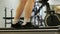 Legs body part close-up Child walking on treadmill Sports Training Equipment fitness room. fat burning, concept physical education