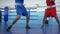 Legs of boxers on ring during fight at sports Complex, close-up