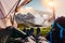 Legs of couple hiker relaxing inside a tent with Rocky Mountains view in national park